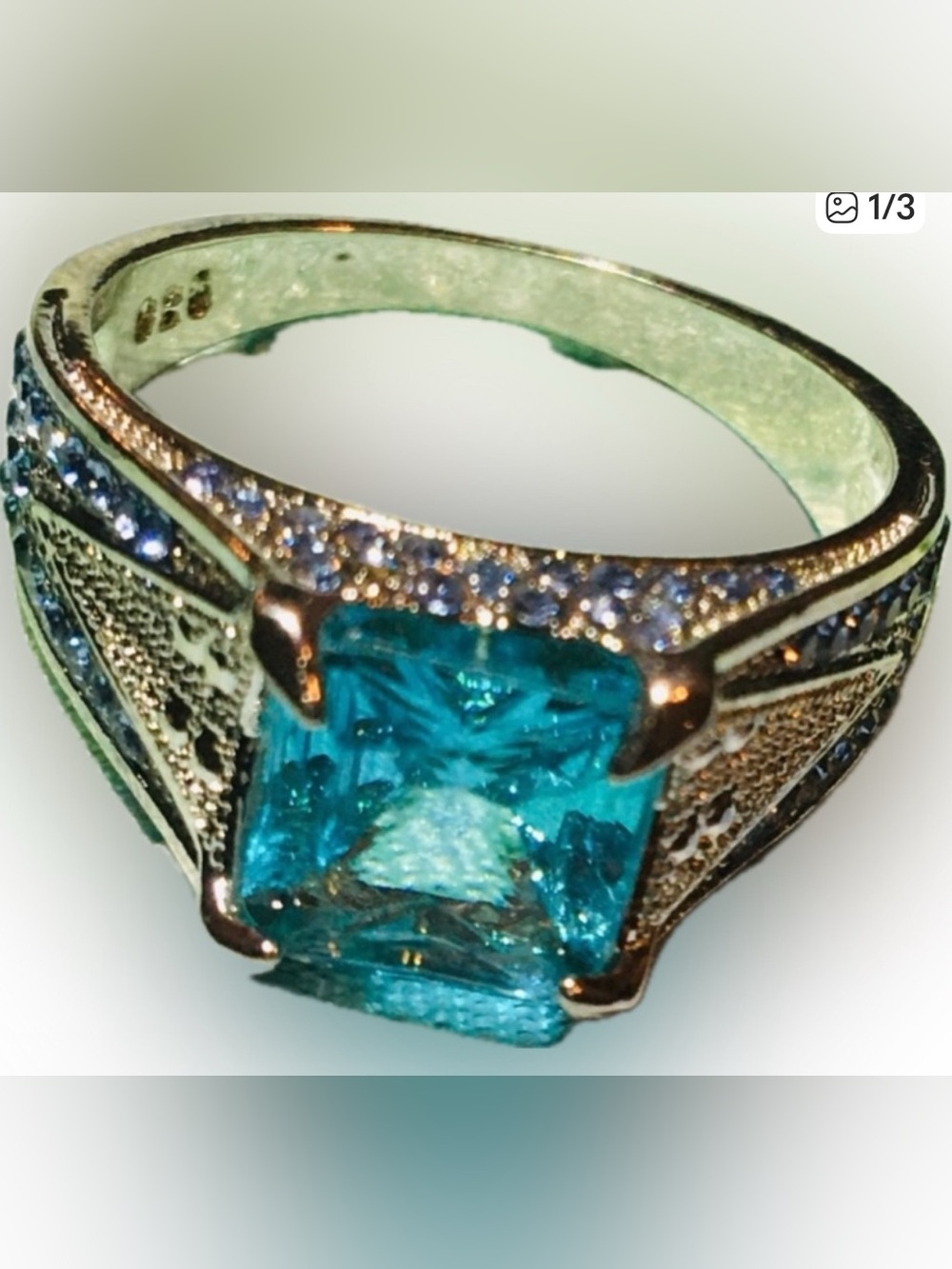 Blue Cushion-Cut Gemstone Ring with Pavé Accents - Women's Jewelry Silver plated